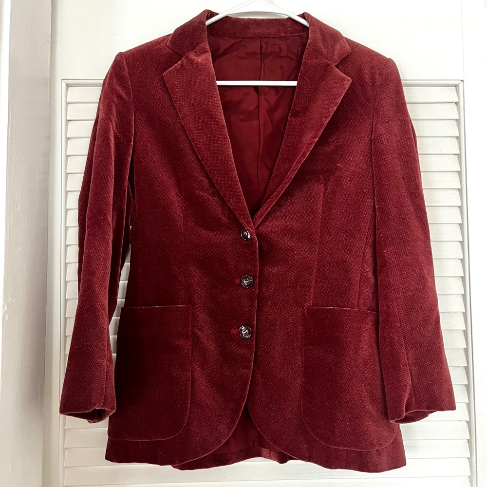 Vintage 3 Button Soft Burgundy / Dark Dusty Rose Velvet Blazer Size Small - Picture 9 of 9